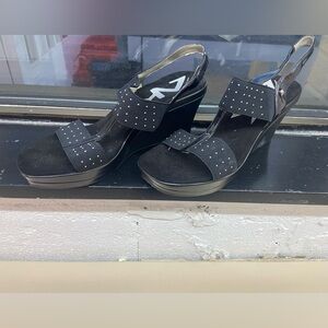 Anne Klein Black Wedge Sandals with Silver Accents